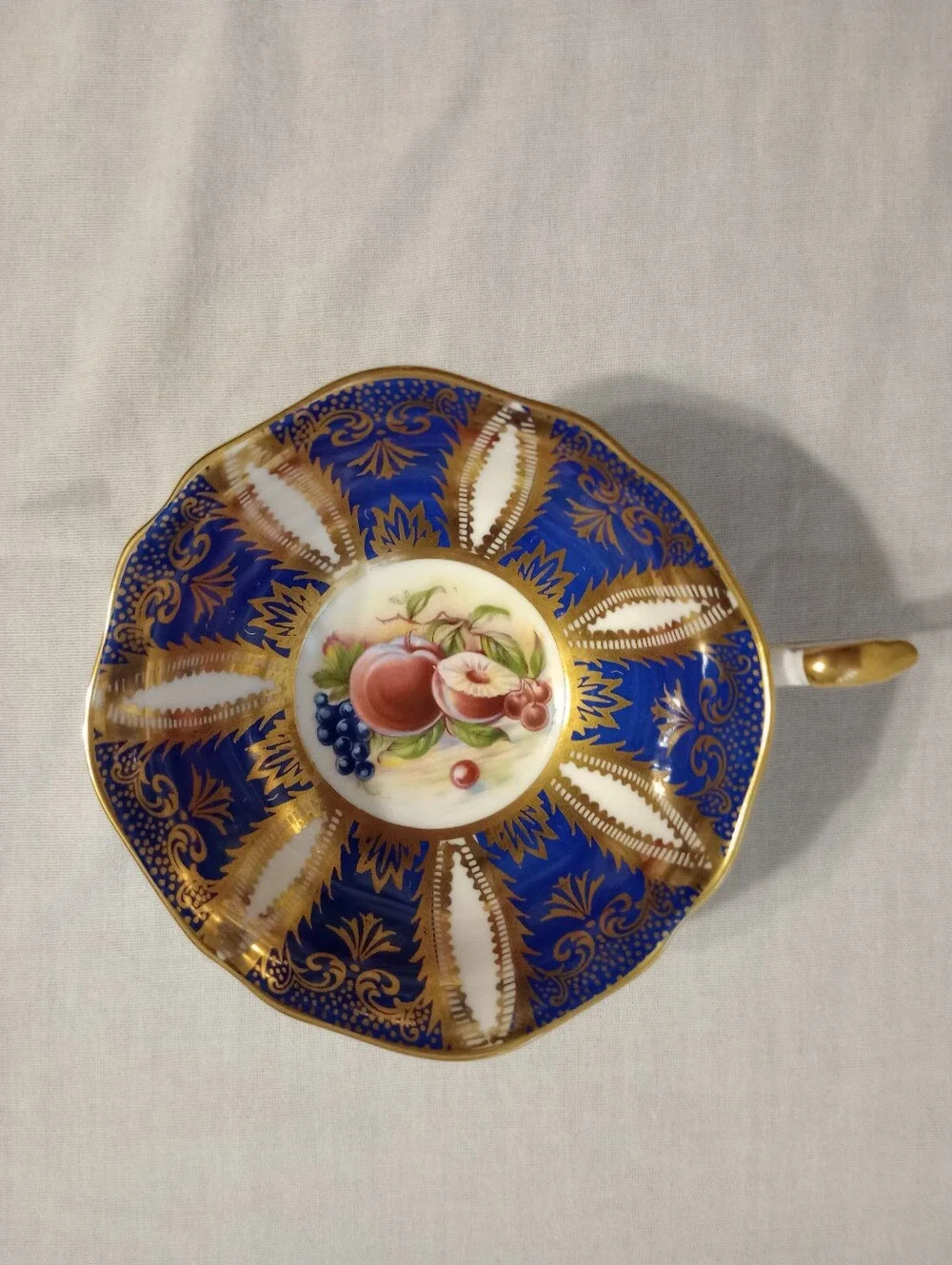 Paragon Blue & Gold Her Majesty's Cup & Saucer Fruit Pattern